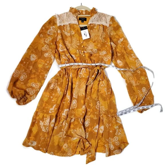 Tahari ASL Lace-Trim Tierred Split Neck Dress SZ 2 NWT Mustard Coquette Girl - Picture 6 of 11